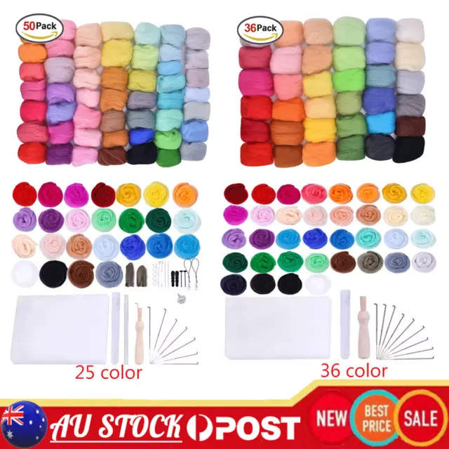 25/36/50 Colors Soft Fibre Wool Roving Set Needle Felting Hand Craft Sewing Kit