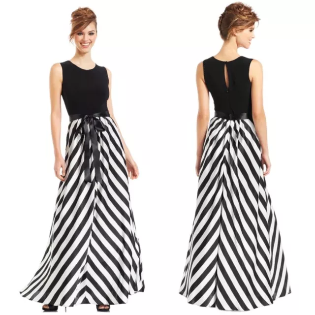 NEW Betsy & Adam Chevron Striped Belted Maxi Gown Dress Size 8 $229