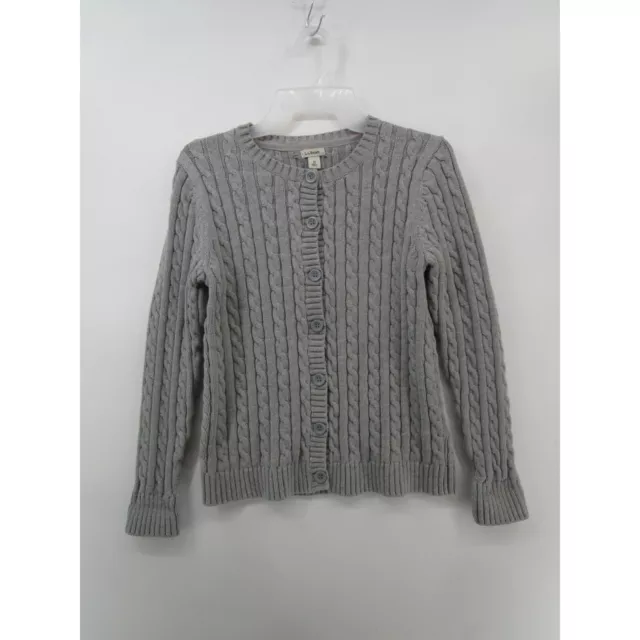 L.L Bean Womens M Long Sleeve Crew Neck Button Down Cable Knit Sweater Gray