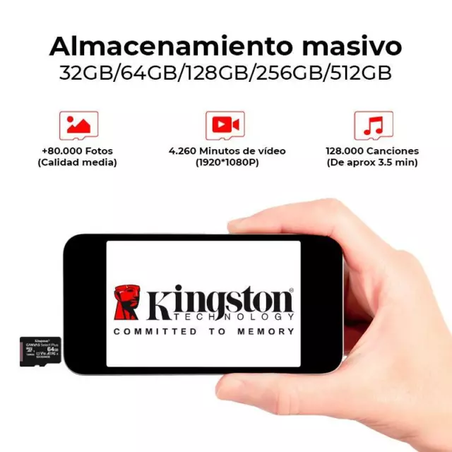 Tarjeta de Memoria Micro SD Kingston Canvas Plus. 32GB 64GB 128GB 256GB o 512GB 3