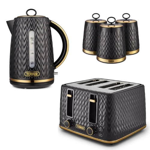 EMPIRE KETTLE, 4SLICE Toaster, Tea, Coffee, Sugar Canisters in Black