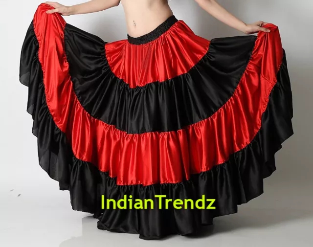 Red & Black Satin 12 Yard Tiered Gypsy Skirt Belly Dance Ruffle Jupe Flamenco