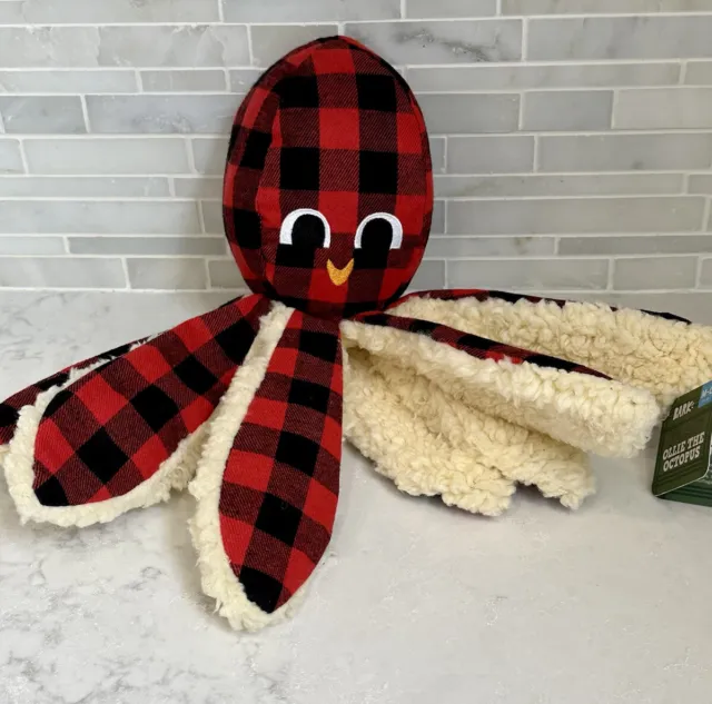 NWT Bark Box Plaid Ollie Octopus Dog Toy Christmas Large RARE Crinkle Squeakers