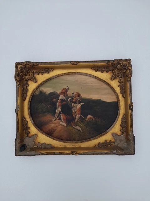 Peinture à L'huile Ancienne Sur Bois - Cadre Résine Signé G Roy - Scène De Chasse