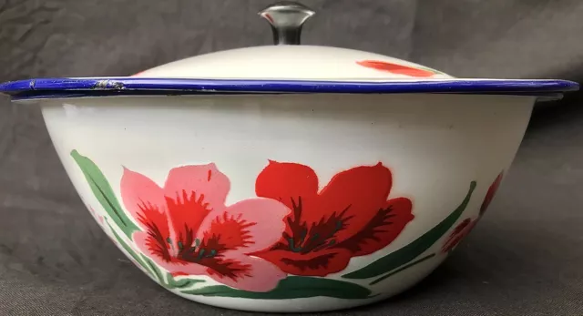 Vintage 1950s Chinese Bumper Harvest Rose Enamel Bowl With Lid