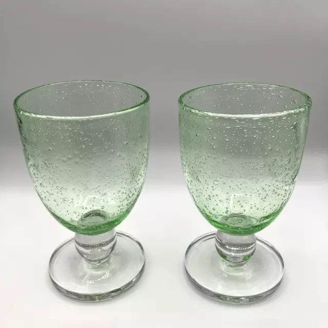 Hand Blown Green Glass Goblets Set of 2 Wine/Water Glasses Green Bubbled Glass