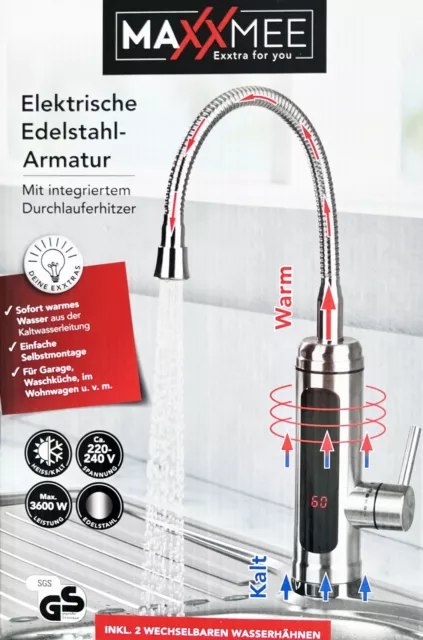 Maxxmee Warm-Wasser-Hahn Kaltwasser-Armatur 360 °C aus Edelstahl NEU