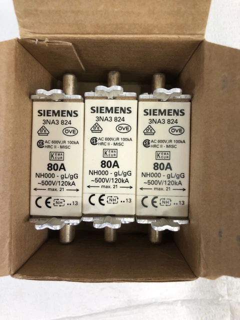 Siemens 3NA3 824 Fusibles 80 Amp 500 Volt Gg-Lot De 3
