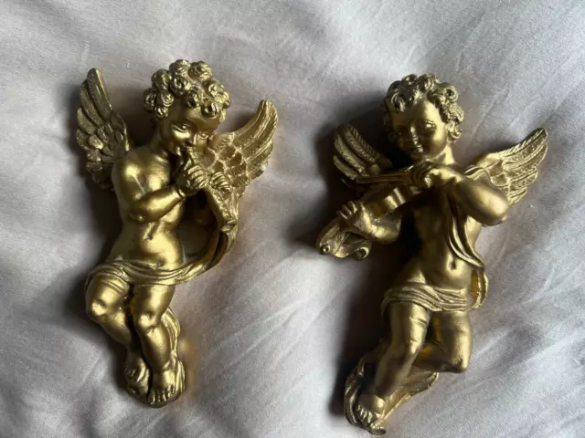 A Pair Of Architectural Ornate Plaster Cherub Angel Musical Wall Decor Hangings