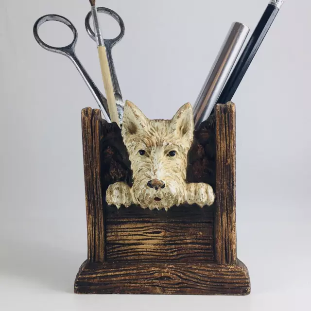 Vintage Syroco Dog Swank Scottish Terrier Wood Carving Holder Brush Pencil Fence