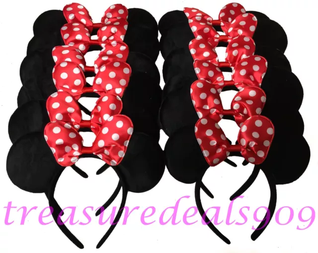 12 Minnie Mouse Ears Headbands Red Polka Dot Bows Birthday Party Favors Mickey