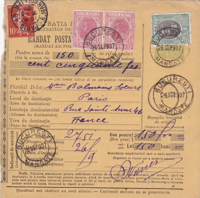 parcel card 1907 Romaina/Bucaresti to France