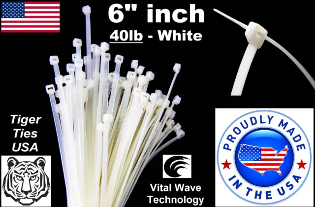 1000 White 6" inch Wire Cable Zip Ties Nylon Tie Wraps 40lb USA Made Tiger Ties