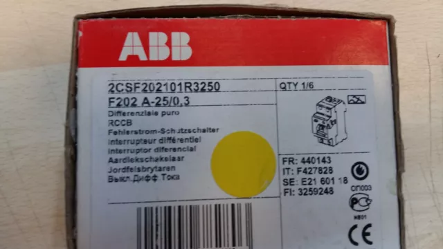 2csf202101r3250 Abb 2 Pôle Type A Résiduel Disjoncteur, 25A F202, 300mA