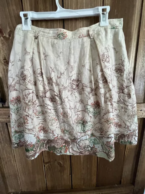 Elie Tahari Flare Skirt Linen Lined Beige Embroidered Floral Knee Length Pockets 2