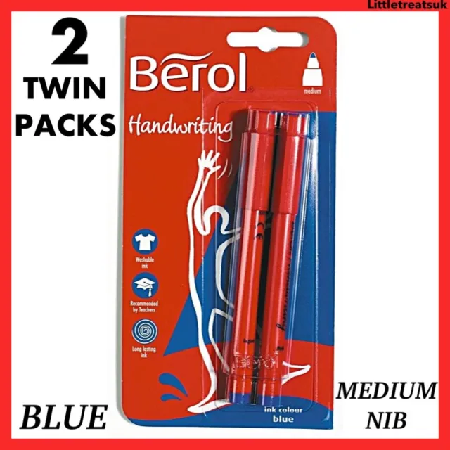 2 Twin Packs Berol Handwriting Pens, Medium Nib, Washable Non Fading Blue Ink