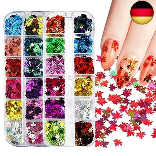 CkFyahp 3 Boxen Ahornblatt Nail Art Glitzer Pailletten, 3D Holographische Laser