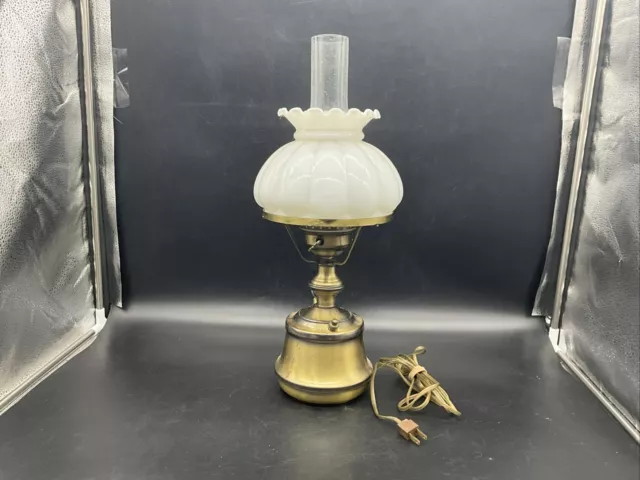 Vtg. Brass "Oil Can" Hurricane table Lamp w/Milk Glass Melon Shade & Chimney