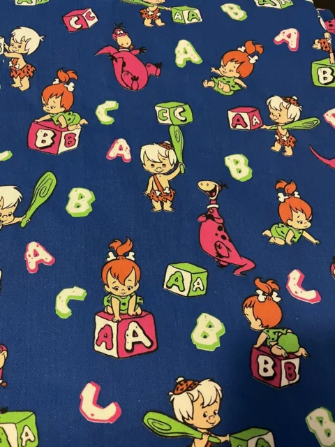 Vintage Blue Fabric Flintstones BamBam, Pebbles, Dino ABC 3-1/2 Yards Material