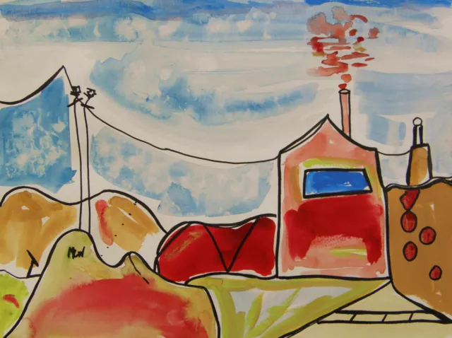 ORIGINAL Mill  Landscape Raw brut  NAIVE Folk OUTSIDER MCW art Mary Carol