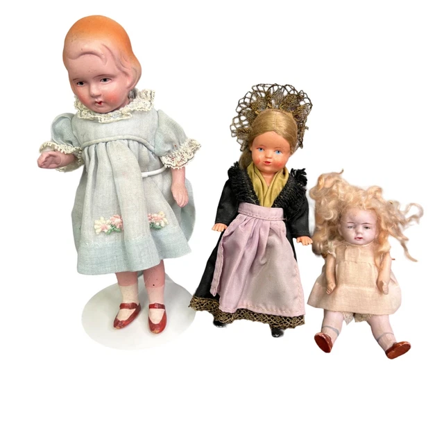 Vintage Lot of Dolls Antique Celluloid Bisque Porcelain Small 3 Piece Japan