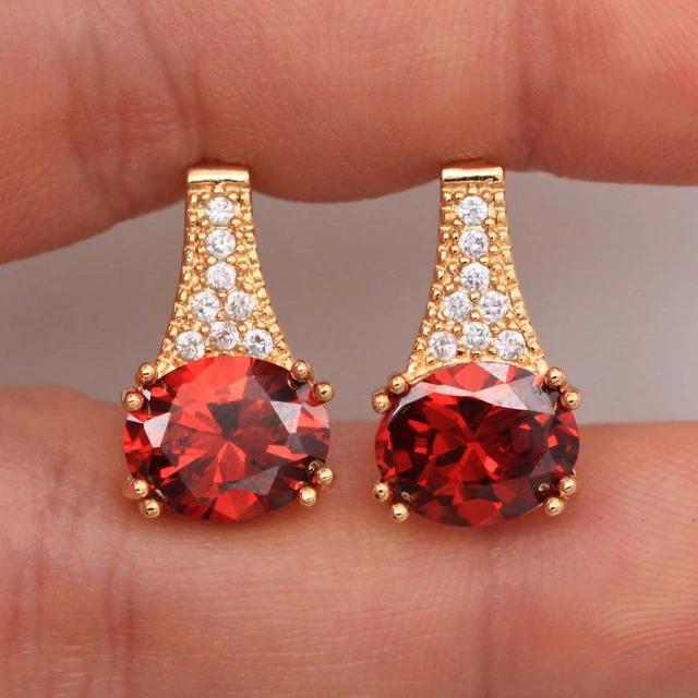 18K Gold Filled - Circle Zircon Oval Red Bead Tower Shape Women Hoop Earrings BR