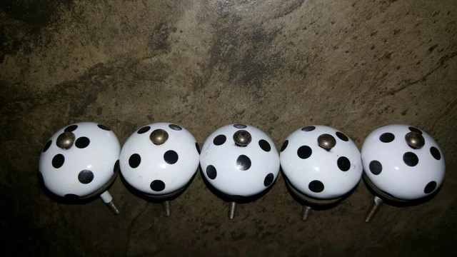 Ceramic Door Knob Cabinet Drawer Handle, Polka Dot, White / Black Brass - x1