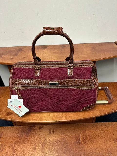 New Samantha Brown Rolling Tweed Wheeled Weekender Burgundy/Camel 2
