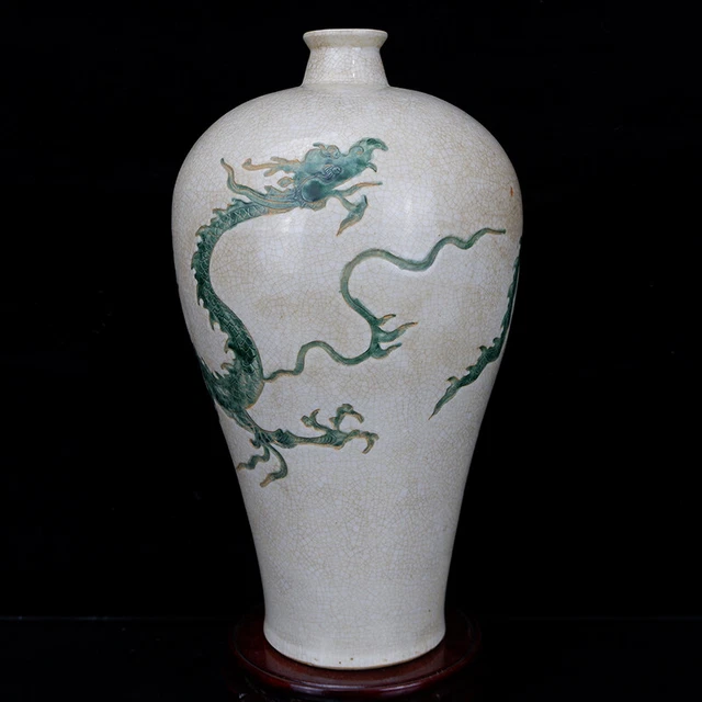 CHINESE PORCELAIN YUAN Dynasty White Glaze Green Color Dragon Plum Vase