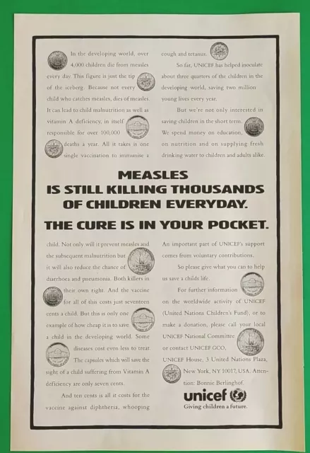 1991 UNICEF Giving children a future Print Ad Measles The Cure Is In Your Pocket