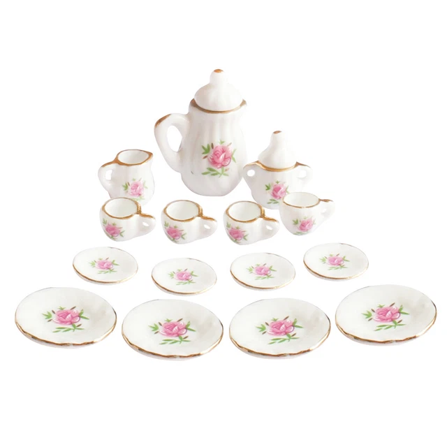 15 Peices Puppenhaus Miniatur Essgeschirr Porzellan Tee-Set rosa Rose