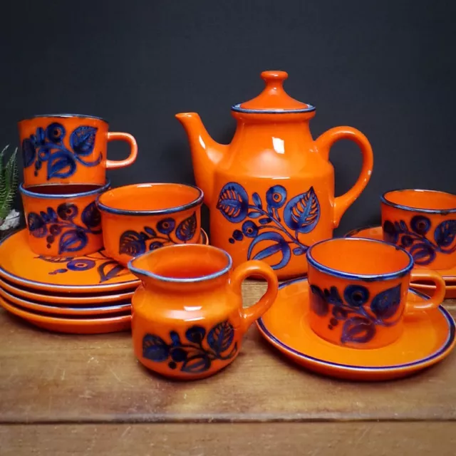 1960s Vintage Retro Coffee Set Tea Orange Pot Teapot German Pottery Cups Saucers