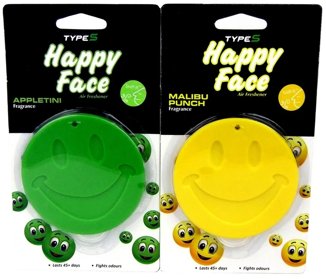2 Car Air Fresheners Green & Yellow Happy Smile Face Scent Hanging Freshener New