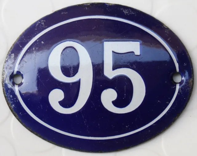 Old blue oval French house number 95 door gate plate plaque enamel steel sign