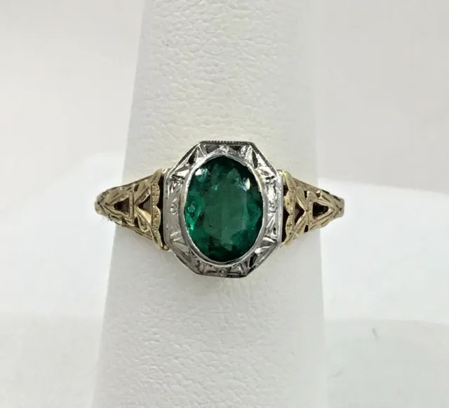 Victorian Two Tone 14K Yellow & White Gold .81ct Oval Columbia Emerald Ring