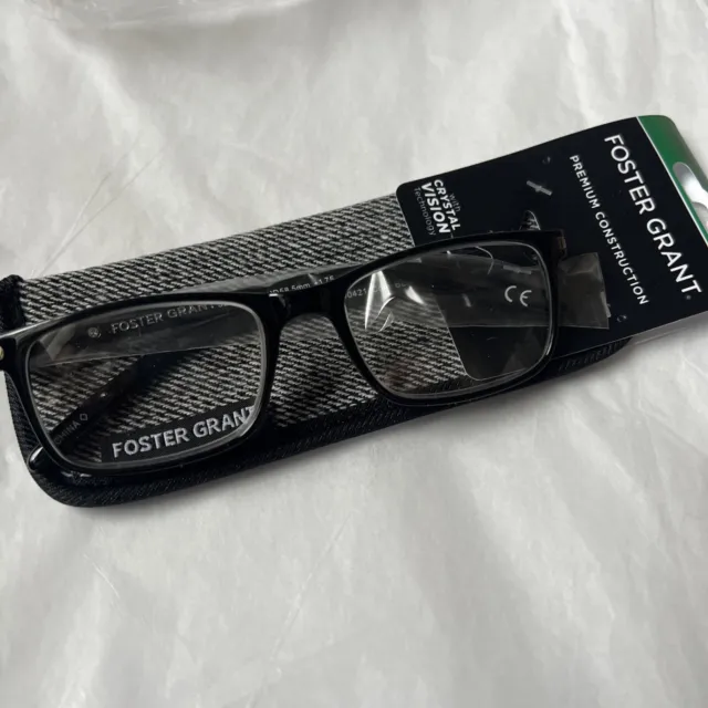 Foster Grant COLE BLACK Reading Glasses +1.75 NEW crystal vision NEW