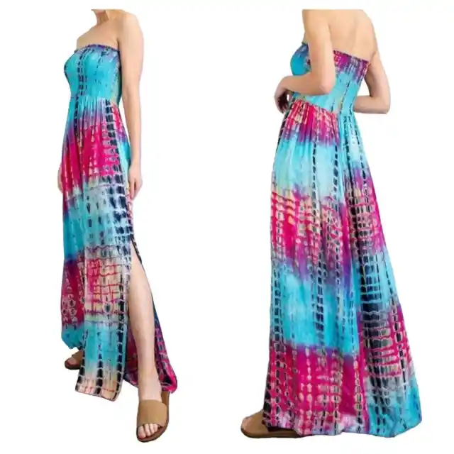 ee:some Womens Size M Smocked Tube Top Tie-dye Long Maxi Dress Side Slit Hippie