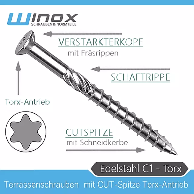 Terrassenschrauben Edelstahl C1 mit CUT-Spitze Torx 5x40-80 mm Terassenschrauben