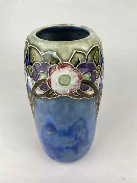 Royal Doulton Stoneware Vase - Blue Glazed Lustre - Stylized Floral - c1920's