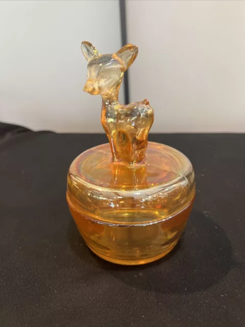 Vtg 1940’s Jeanette Glass Marigold Carnival Glass Deer Fawn Vanity Powder Jar 6"