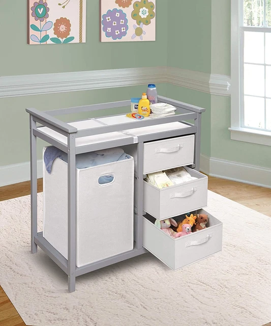 Modern Baby Changing Table w/ Laundry Hamper 3 Storage Baskets & Pad, Gray/White 2