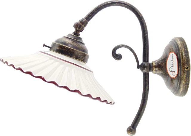 Applique Ottone Brunito,Lampada Parete Con Piatto Ceramica Bordo Marrone Ar1.Mis