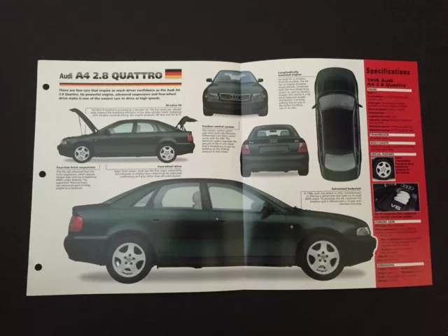 1998 AUDI A4 2.8 Quattro IMP Hot Cars Spec Sheet Folder Brochure RARE