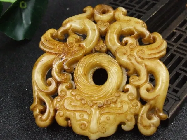 041 Chinese Antique Celadon Nephrite Hetian-OLD Jade STATUE phoenix QING Dy