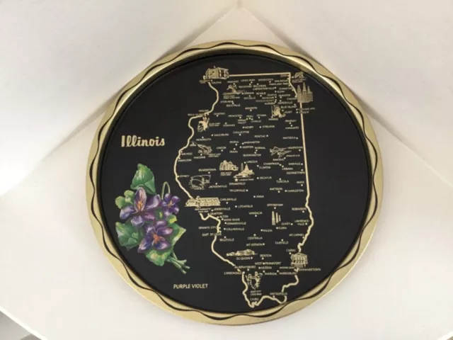 1950’s ILLINOIS USA State Souvenir Metal Round Map Graphic Tray Violet Flower