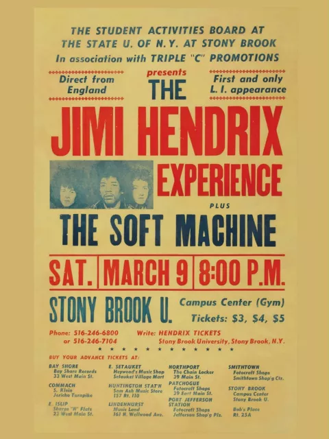 Jimi Hendrix / Soft Machine Stony Brook 16" x 12" Photo Repro Concert Poster