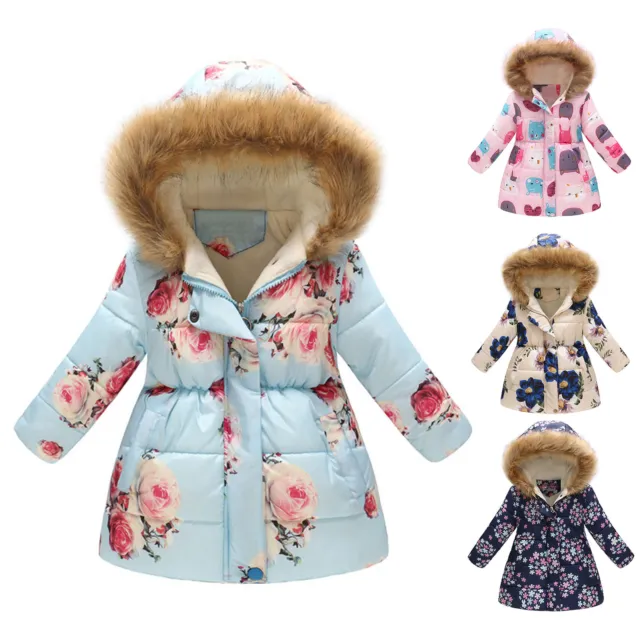 Padded Jacket Mid-length Lovely Cartoon Animal Print Pockets Girls Coat Fleece