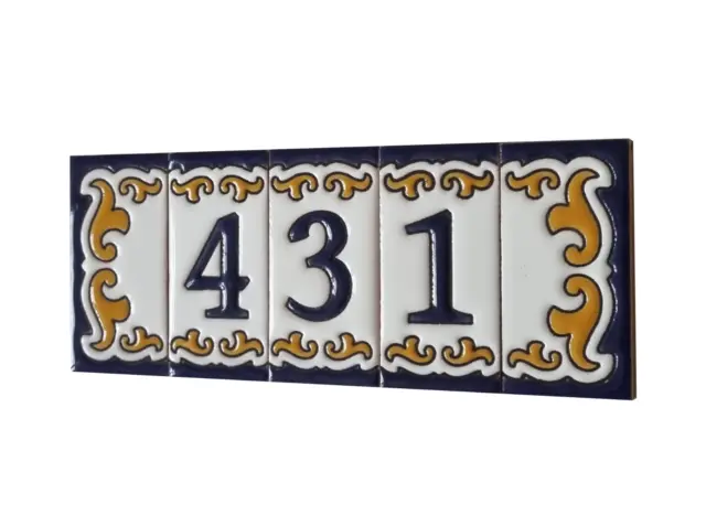 7.5 x 3.7cm Hand-painted M-05 Ceramic Blue & Orange Number Tiles & Metal Frames 3