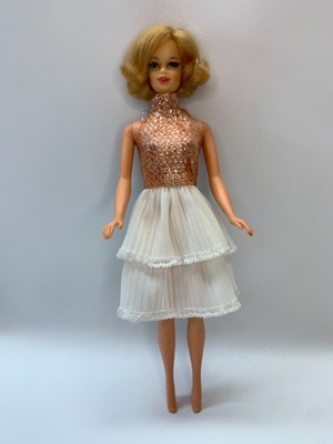Vintage BARBIE CLONE PEACH SILVER METALLIC Accordion Skirt Party Dress Tagged