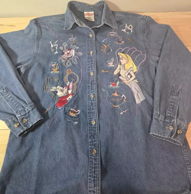 Vintage Disney Alice In Wonderland Denim Button Up Long Sleeve Shirt Size Small